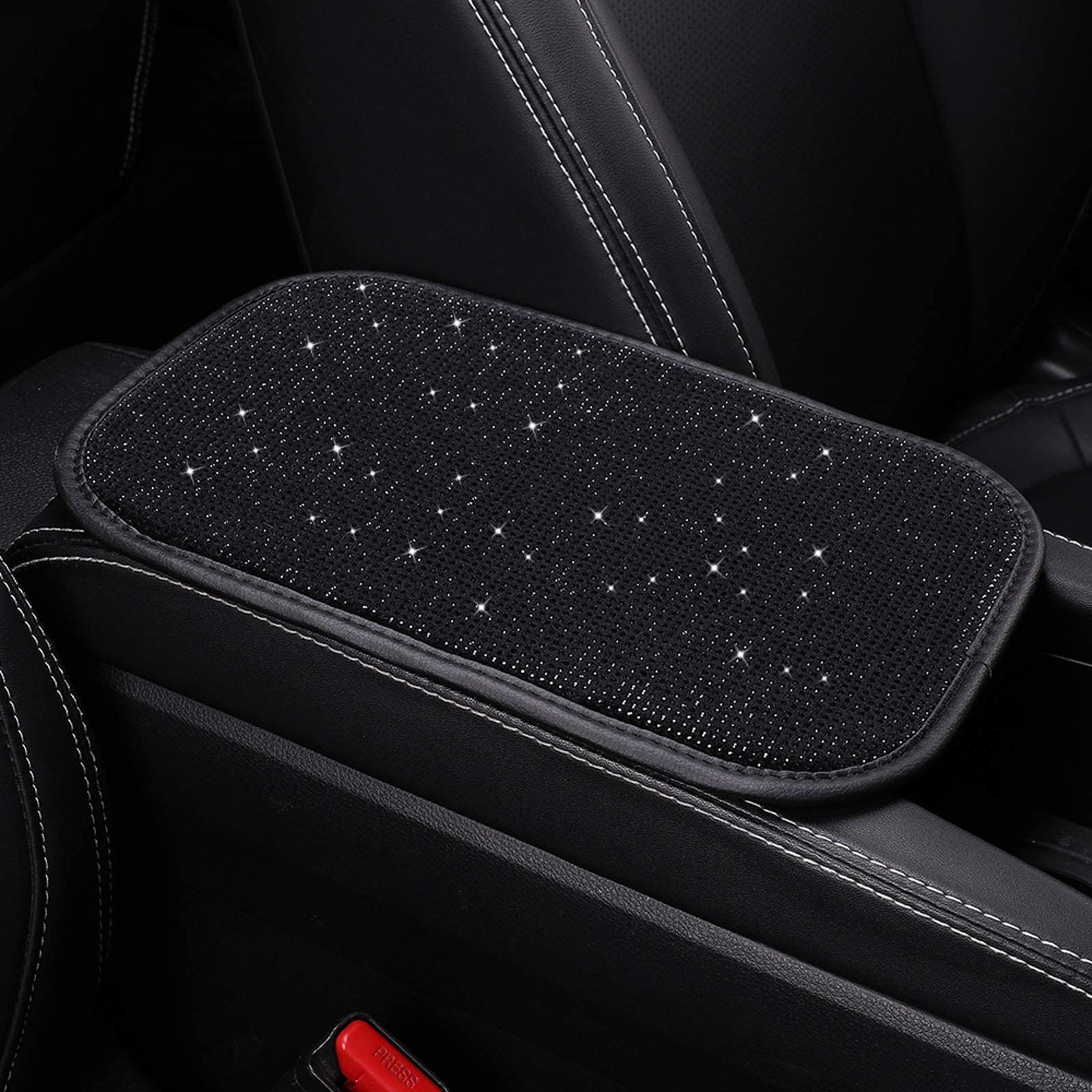 Car Armrest Cover For Women Black Bling Car Accessories Diamond Rhinestone Auto Center Console Protective Cover Car Decor For Wo