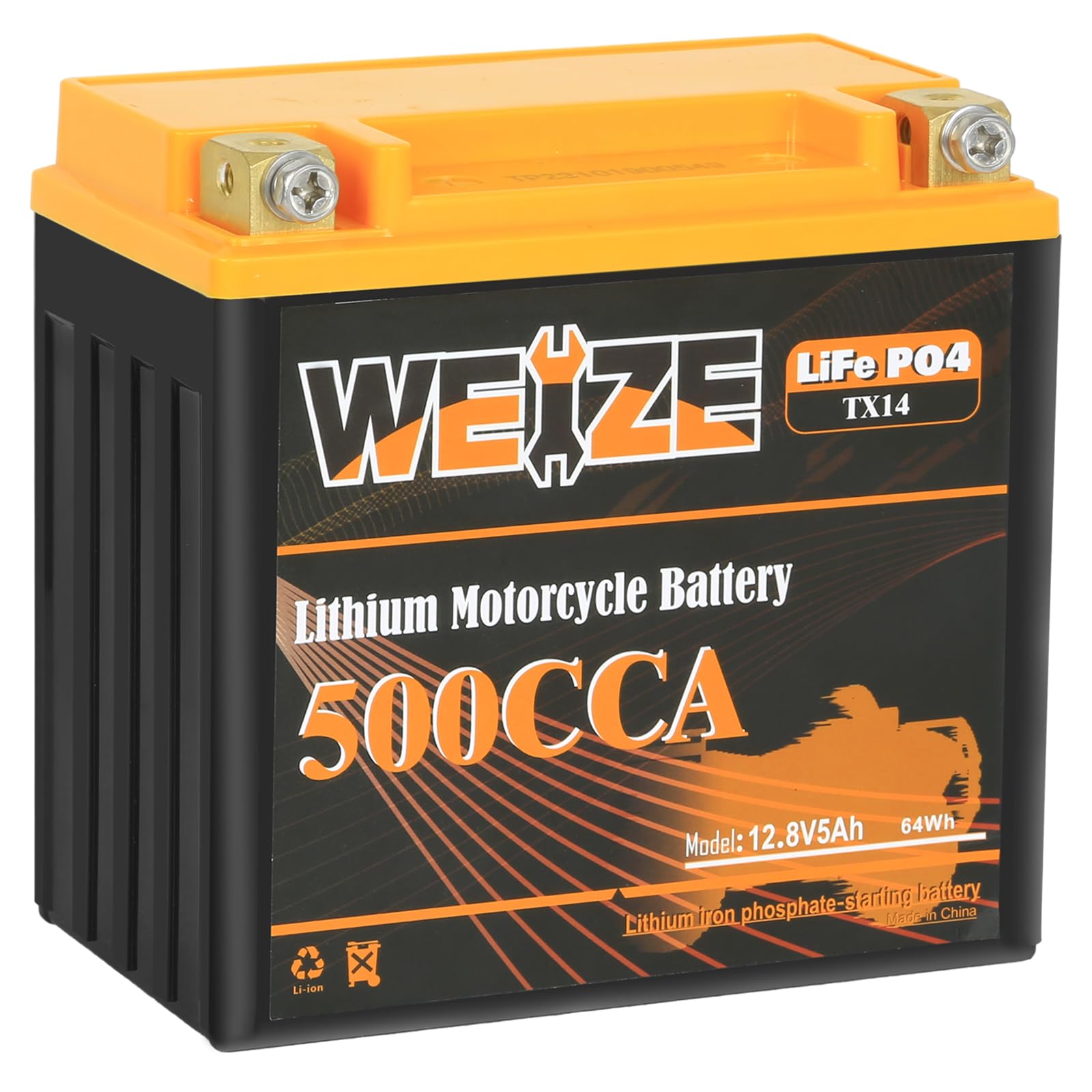 WEIZE 12V 5AH Lithium YTX14-BS Motorcycle Battery - 500A LiFePO4 for ATV, UTV, Jet Ski, Snowmobile, Lawn Mower, and