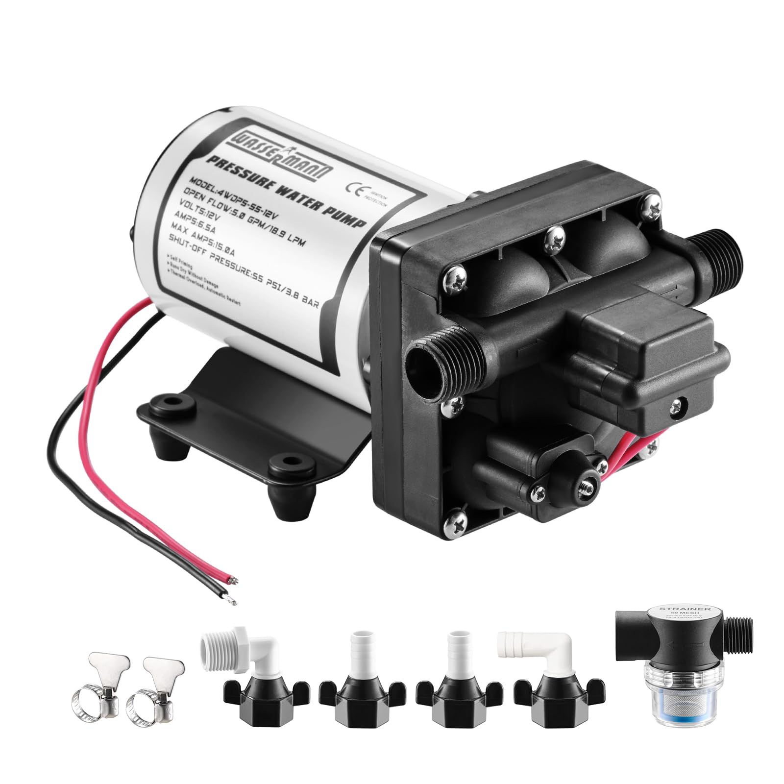 Wassermann Rv Water Pump 12V Dc, Self Priming Diaphragm Pump 5.0 Gpm 55 Psi, Water Pressure Pump With Pressure Switch, For Rv Ma