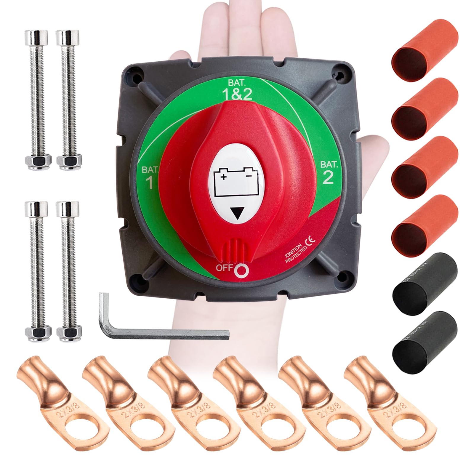 Ampper High Current 1-2-Both-Off Battery Switch, 12-48 V Battery Master Cut Disconnect Switch Isolator With Lugs For Marine Boat