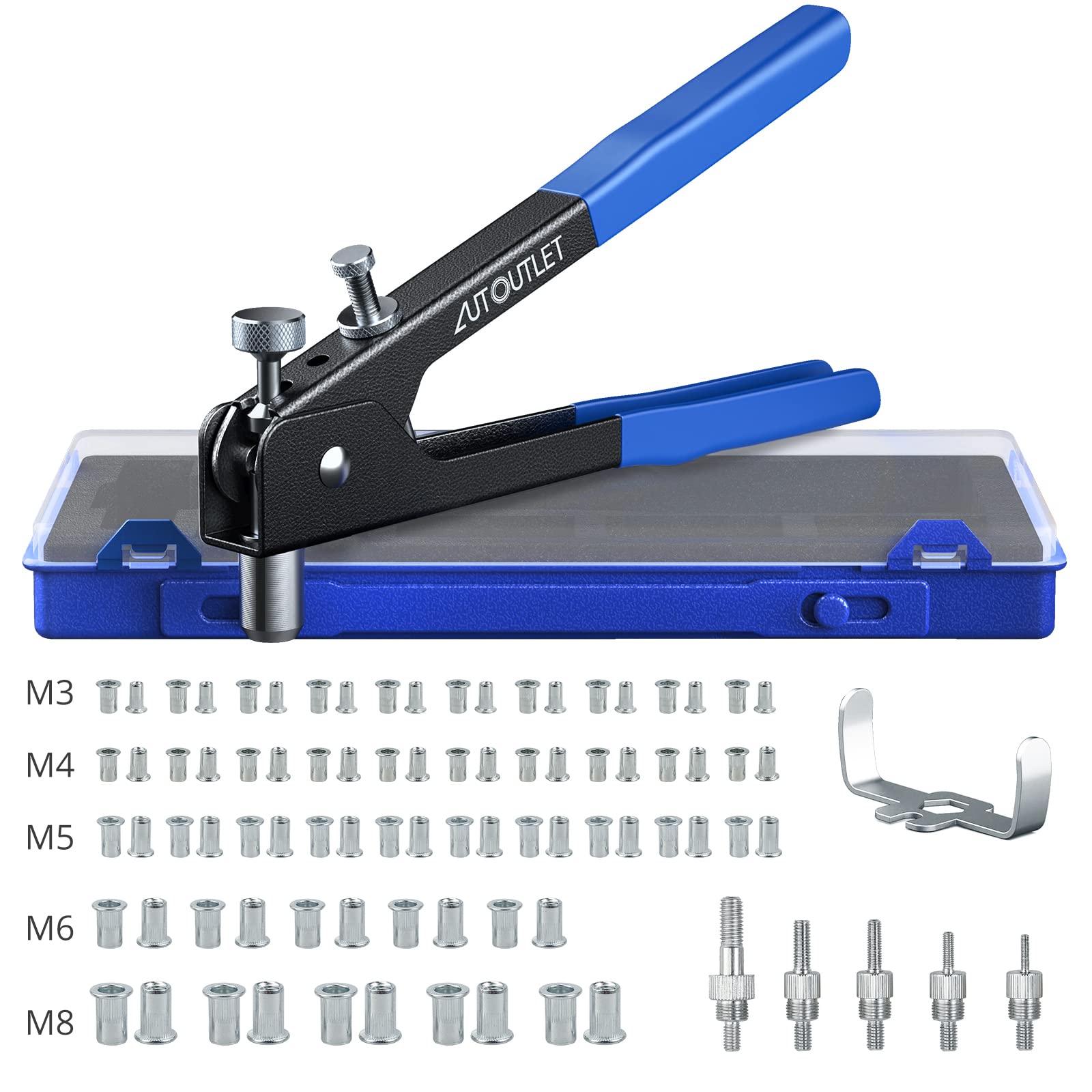 Autoutlet Professional Rivet Gun Pop Rivet Gun Kit With 86Pcs M3/M4/M5/M6/M8 Threaded Rivet Nut And Rivets Wrench For Furniture,