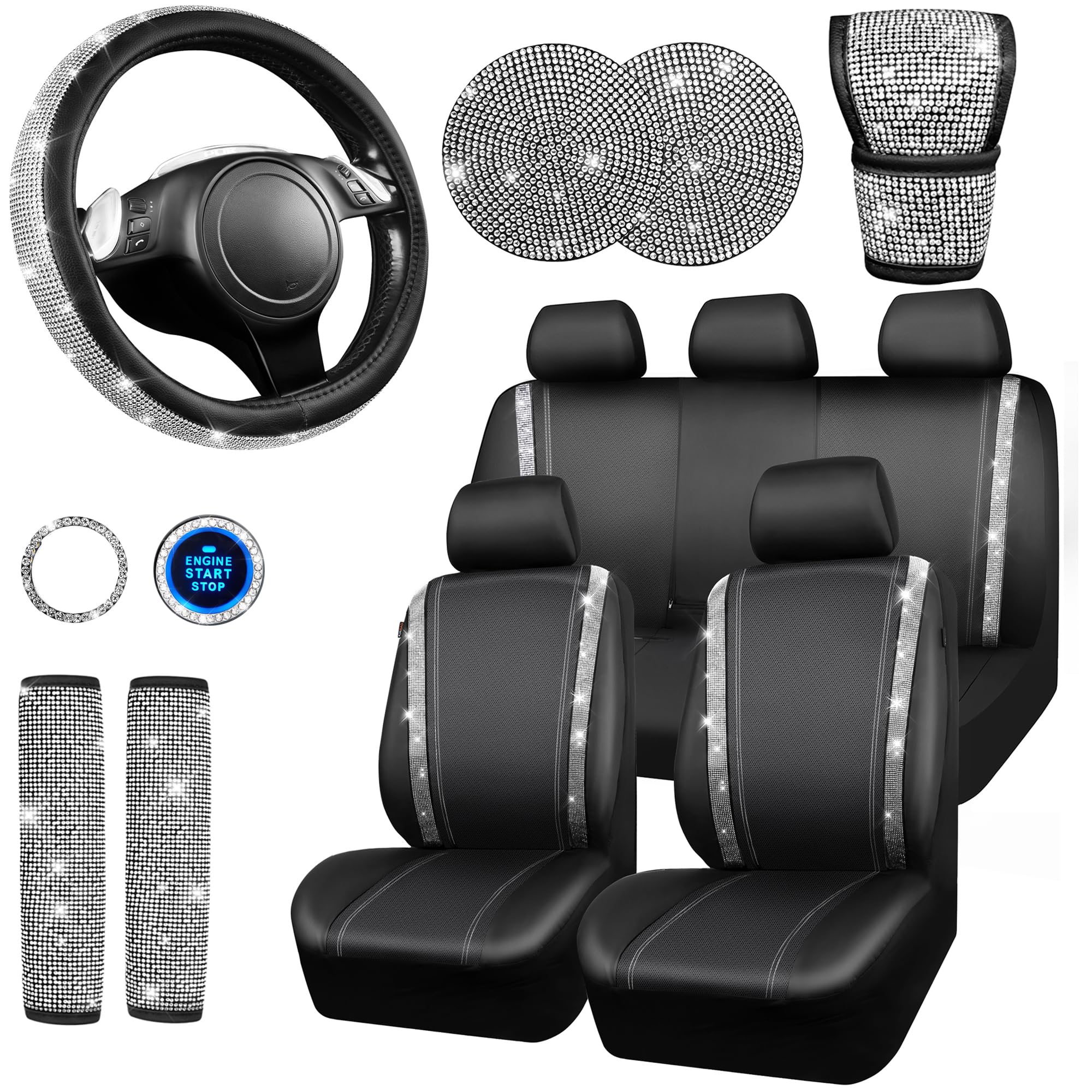 Car Pass Leather Diamond Bling Seat Covers Full Sets 16 Pcs, Bling Car Accessories Set For Women, Sparkly Rhinestone Steering Wh