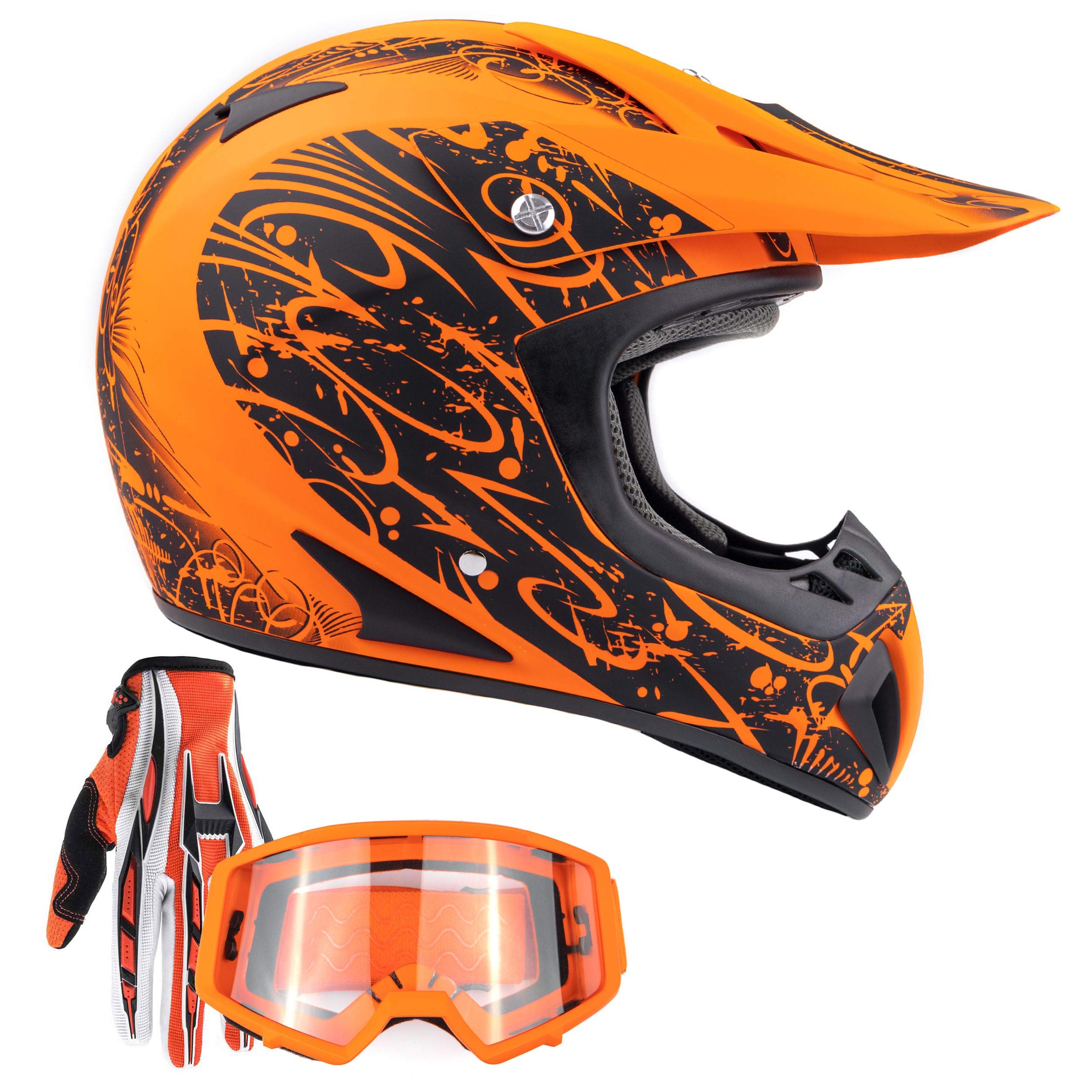 Typhoon Adult Atv Mx Helmet Goggles Gloves Gear Combo Matte Orange W/ Orange ( Xxl )
