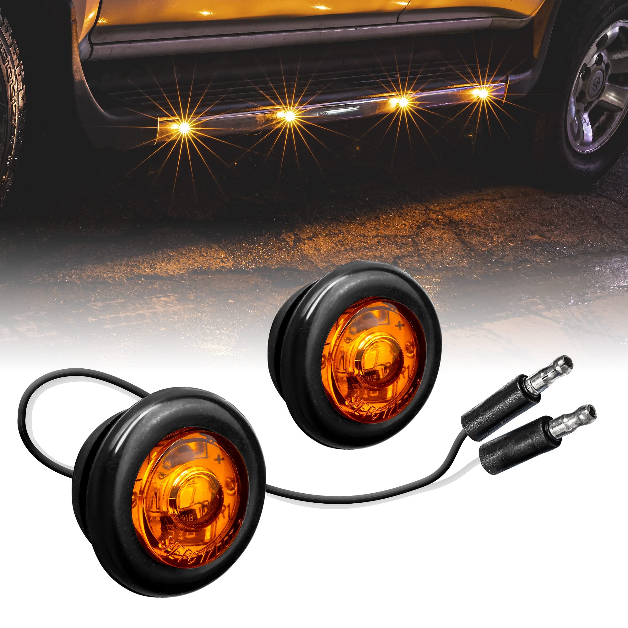 2Pc 34 Round Amber Trailer Led Marker Light Dot Fmvss 108] Sae P2Pc] Semi-Spherical Output] Ip67 Waterproof] Bullet Style] Round