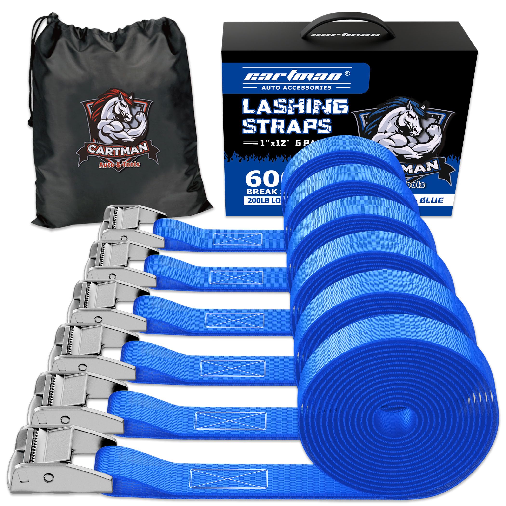 Cartman 1'' X 12' Lashing Straps Cargo Tie-Down Strap Up To 600Lbs, 6Pk In Carry Bag, Blue