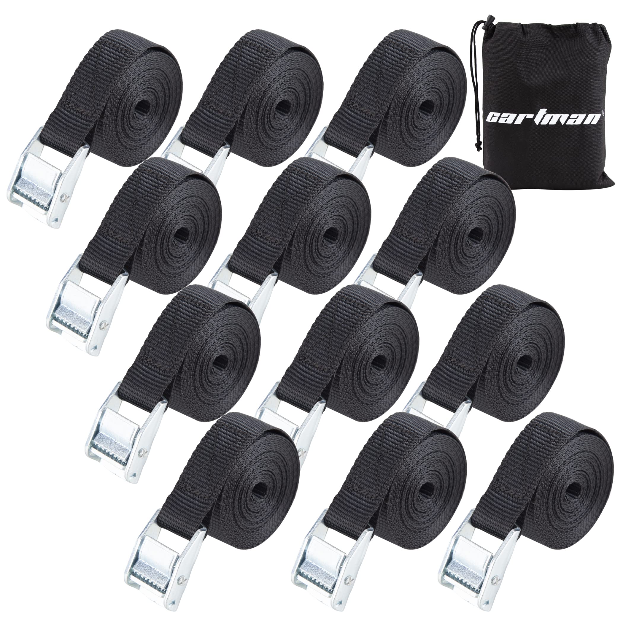 Cartman 1'' X 12' Lashing Straps Cargo Tie-Down Strap Up To 600Lbs, 12Pk In Carry Bag, Black