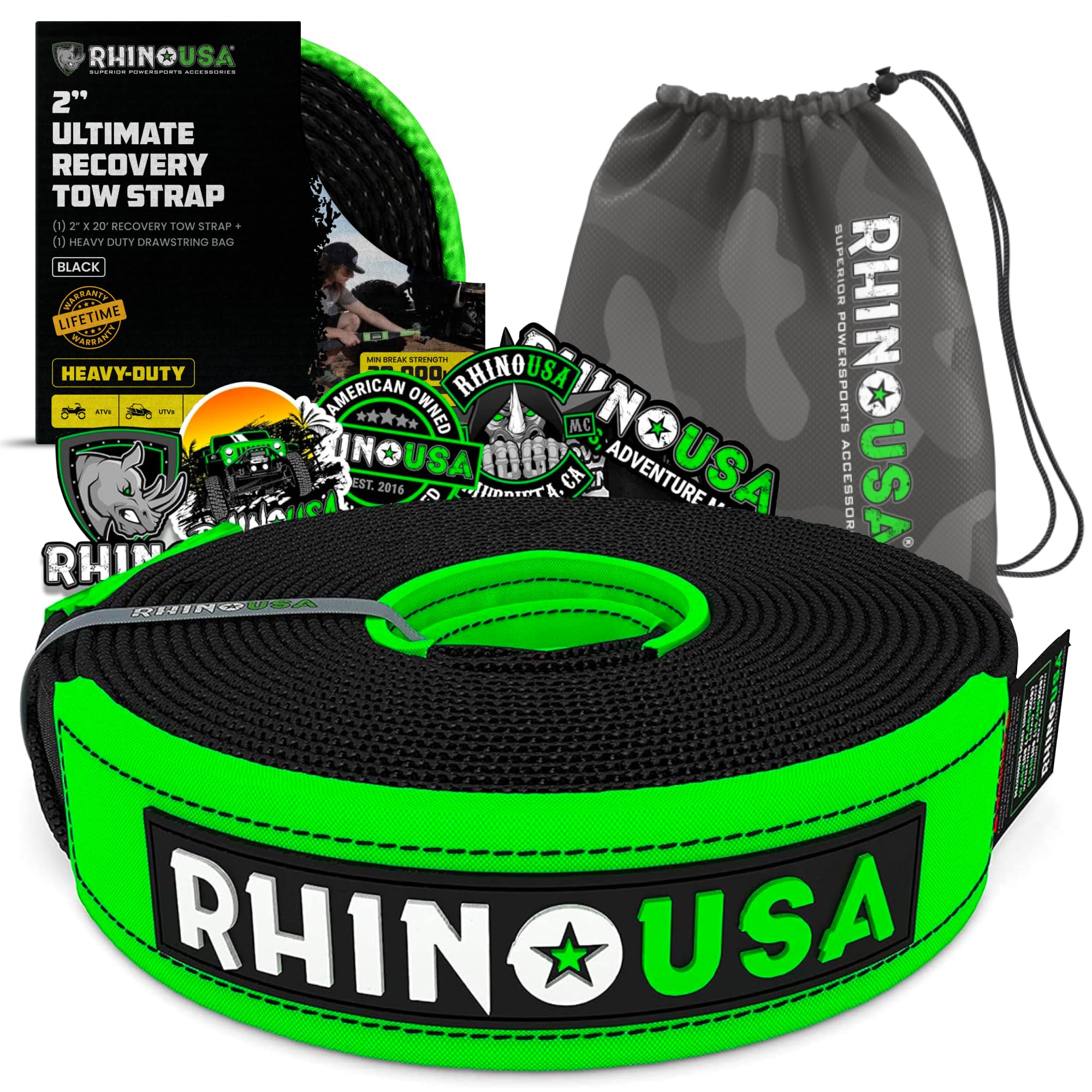 Rhino Usa Recovery Tow Strap (2'' X 20') - 20,024Lb Break Strength - Emergency Recovery Strap Tow Rope For Utv, Atv & More - Hea