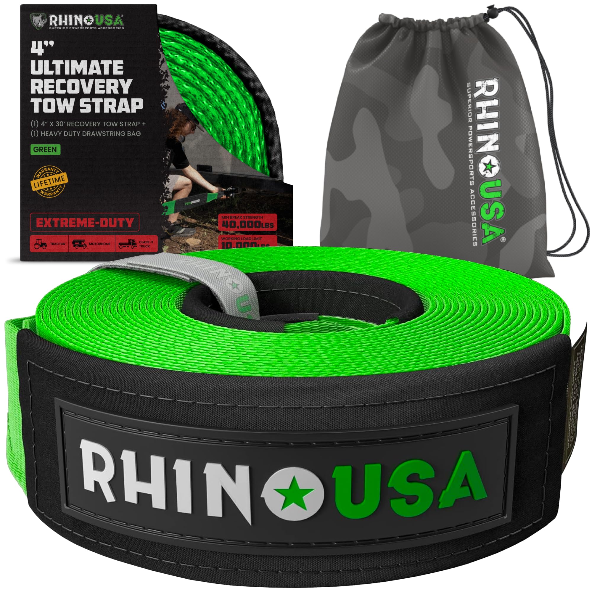 Rhino Usa Recovery Tow Strap (4'' X 30') - 40,320Lb Break Strength - Emergency Recovery Strap Tow Rope For Diesel Trucks, Backho