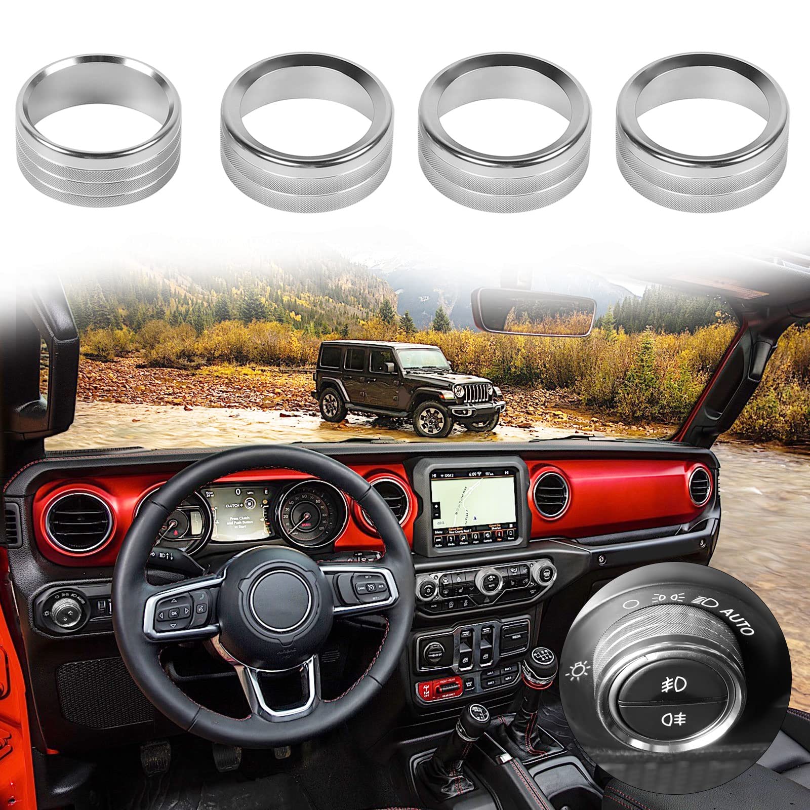 Voodonala Air Conditioner Headlight Switch Knob Trim For 2018-2023+ Jeep Wrangler Jl Jlu Gladiator Jt,Aluminum Alloy 4Pcs(Only F