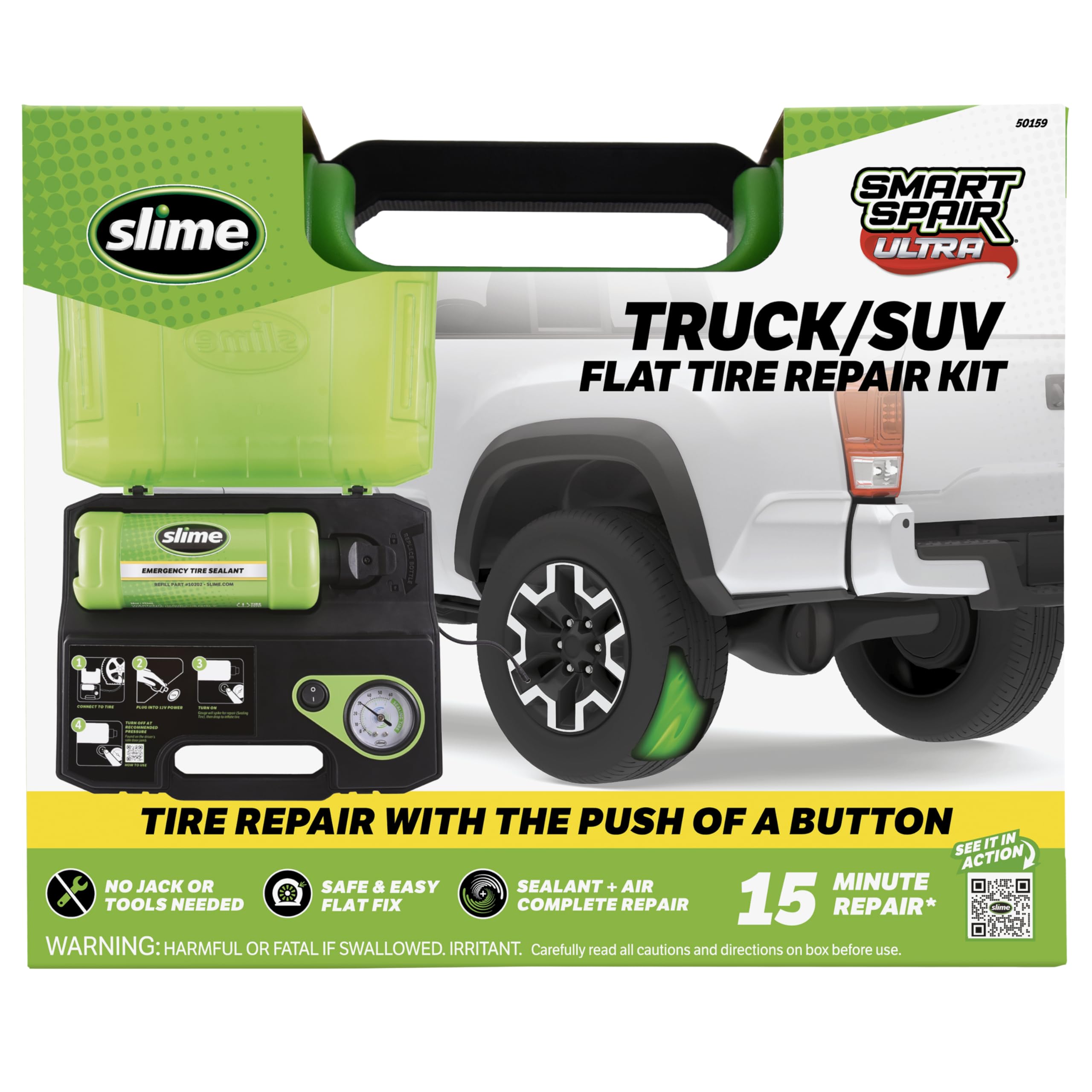 Slime 50159 Flat Tire Repair Kit, Smart Spair Ultra, All-In-One Solution, Repairs And Inflates, Truck/Suv, 15 Min Fix