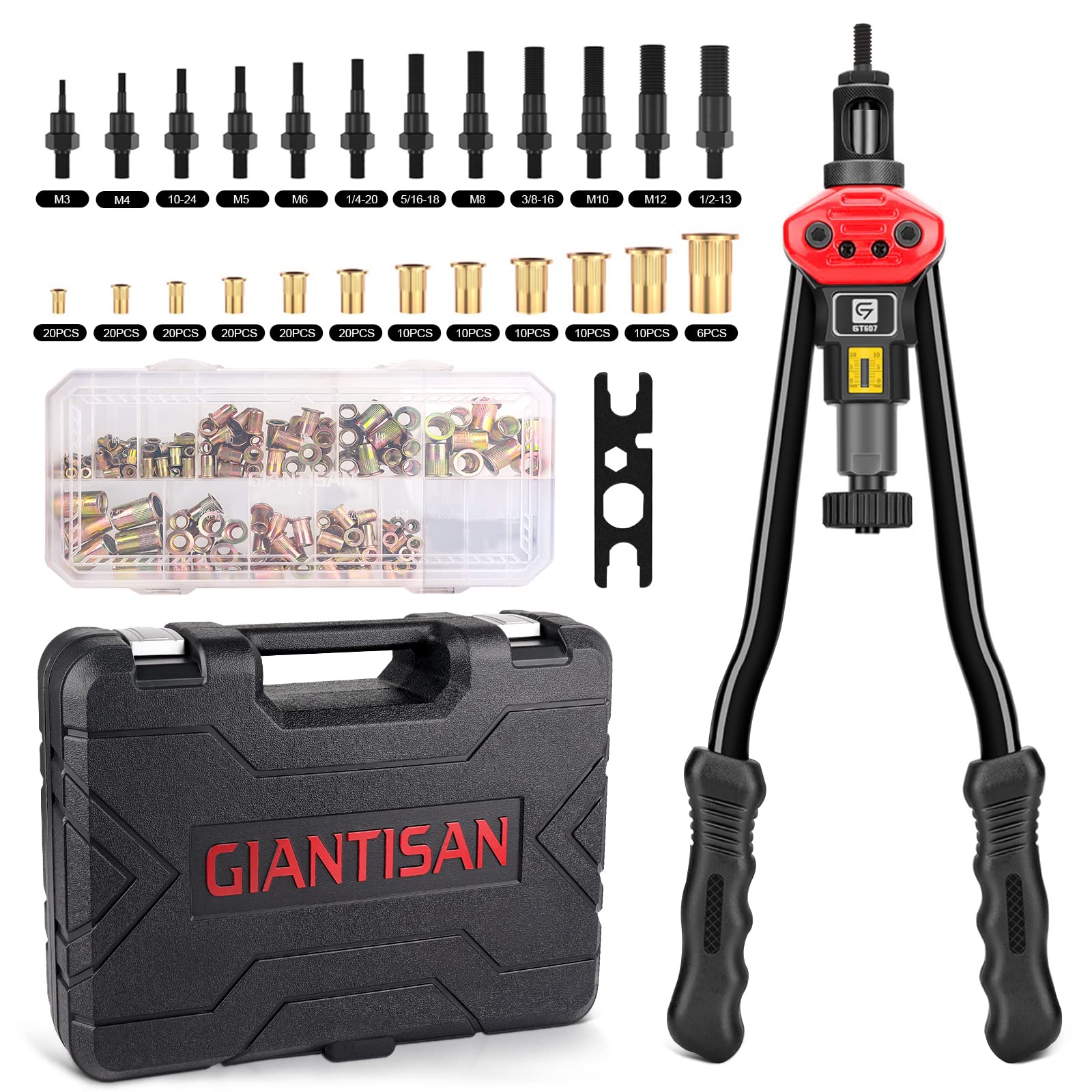 Rivet Nut Tool, Giantisan 16-Inch Rivnut Tool Kit With 12 Metric And Sae Mandrels, 176Pcs Rivet Nut Assortment Kit, And Rugged C