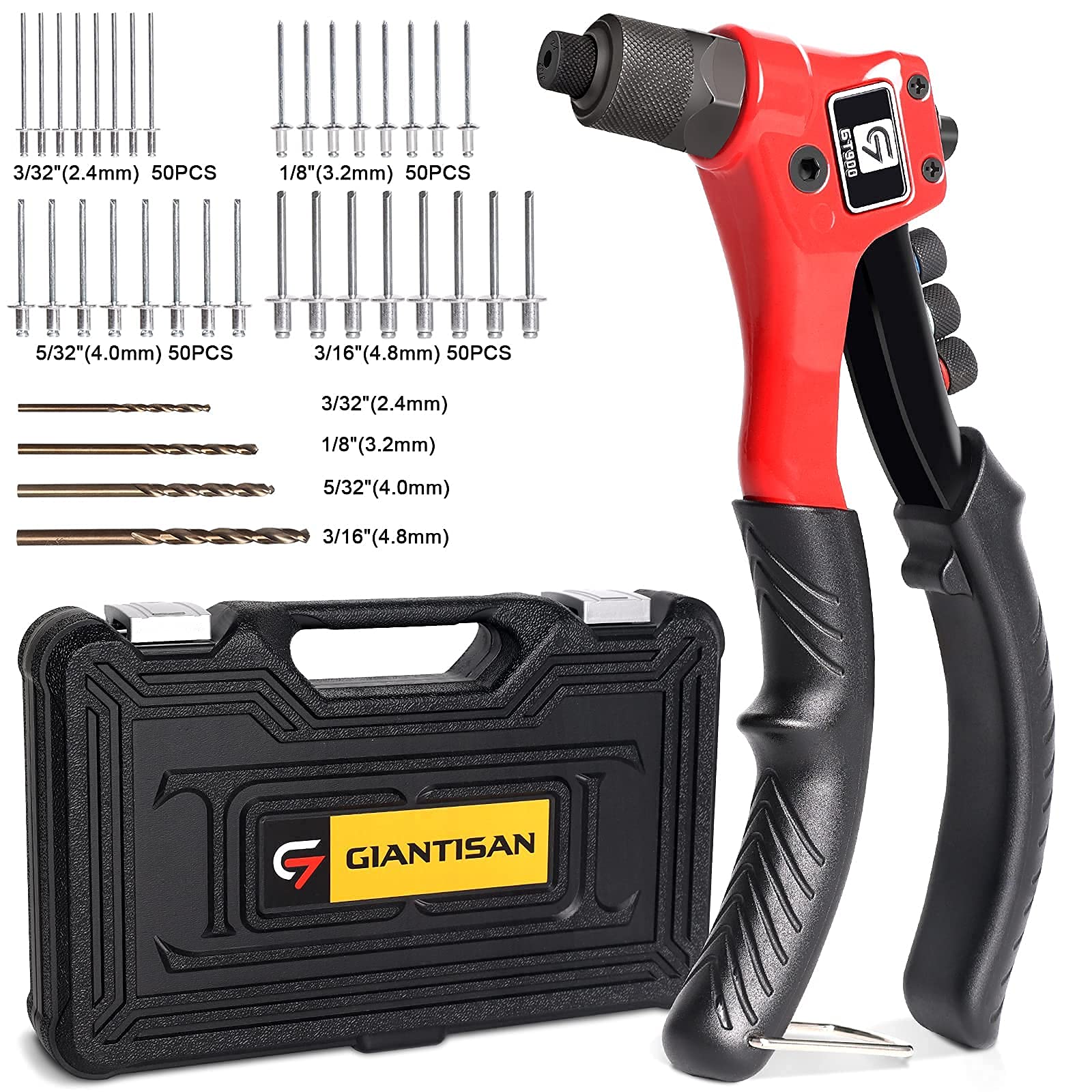 Rivet Gun, Giantisan Pop Rivet Tool Kit With 200 Rivets And 4 Drill Bits, Manual Hand Riveter Kit With Rugged Carrying Case
