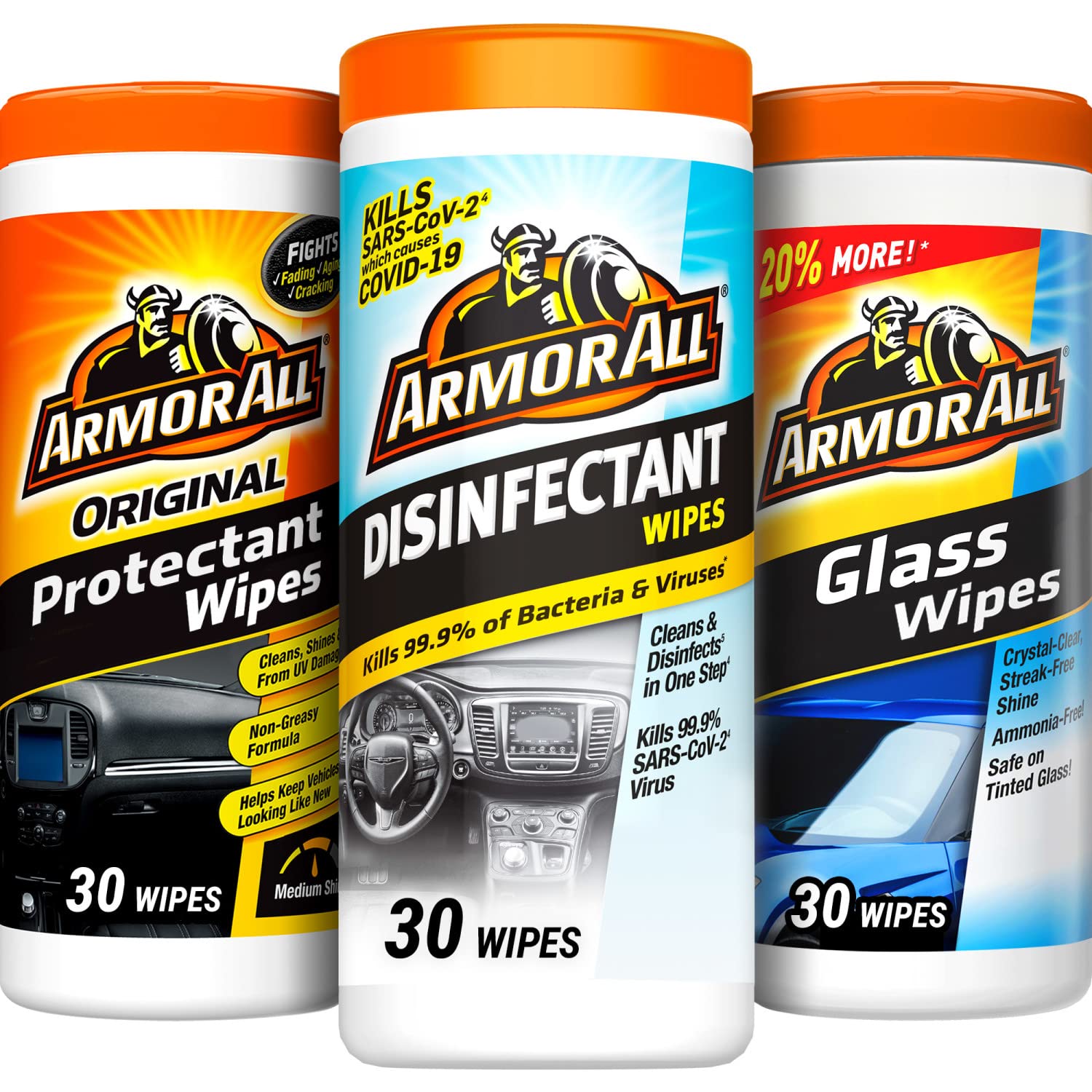 Armor All Car Cleaning Wipes Kit, Includes Protectant Wipes, Disinfectant Wipes, Glass Cleaner Wipes For Cars, Trucks, And Motor